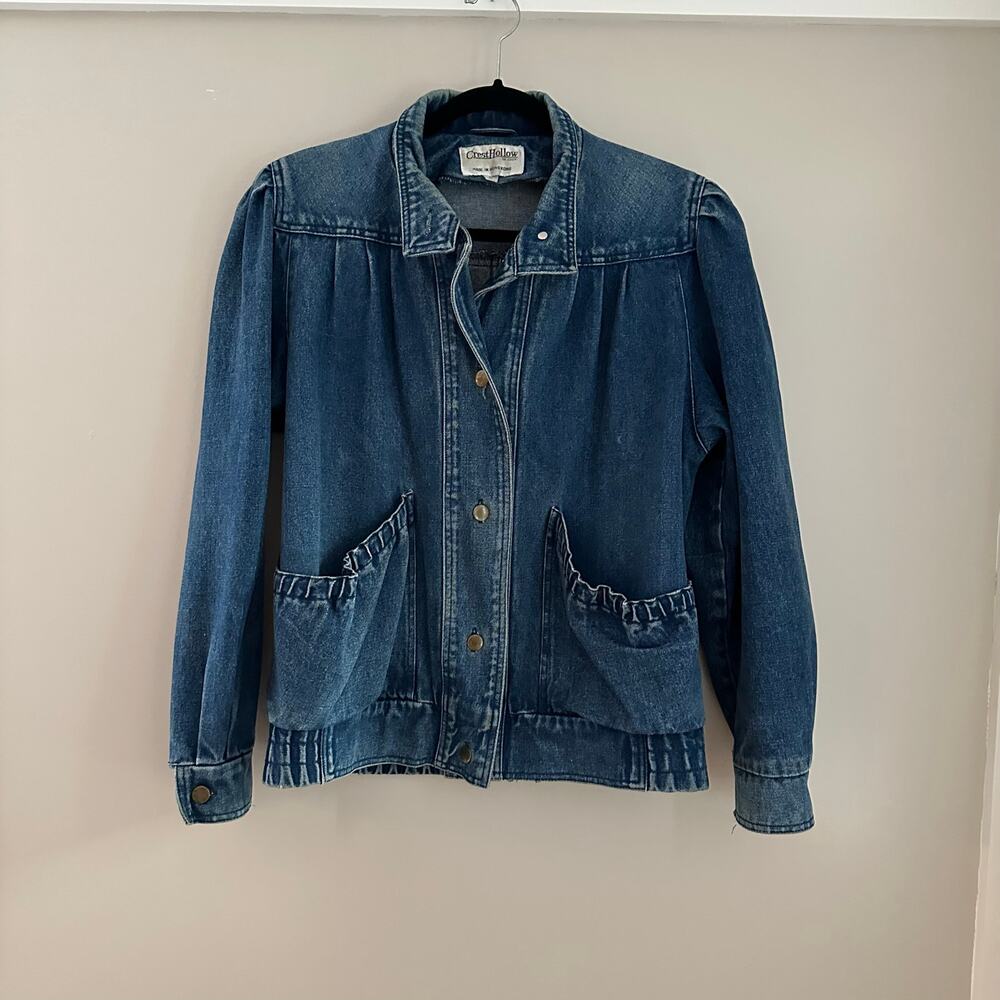 Crest Hollow Denim Jacket Women S Blue EUC‎ Vintage Puff Shoulder Ruffle Pocket